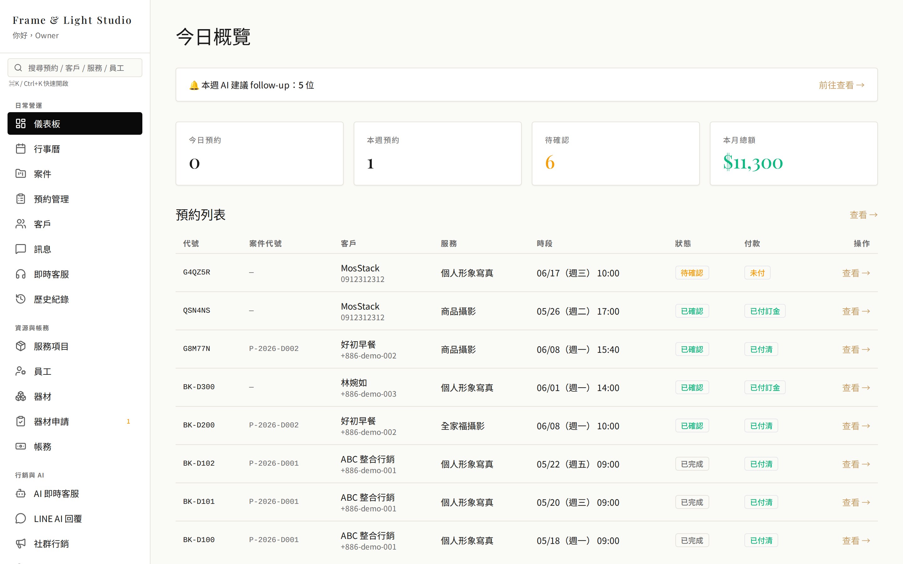 營運管理後台 — 實際 Demo 畫面(今日概覽、預約列表、帳務)